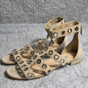 PRADA Studded Suede Grommet Gladiator Flat Sandals Beige Women's EU 37 EXCELLENT